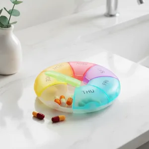 pill organizer, pill box, pill container, pill case, weekly pill organizer, travel pill case, round pill organizer